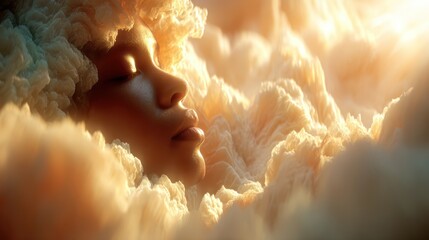 Dreamlike Cloudscape with Peaceful Child's Face Surrounded by Fluffy Clouds Du Sunrise or Sunset in Soft Warm Light