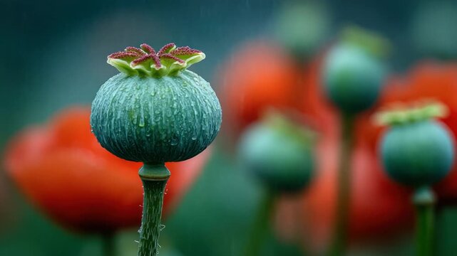 Close-up of a wet poppy seed pod, vibrant red poppy flowers out of focus in the background