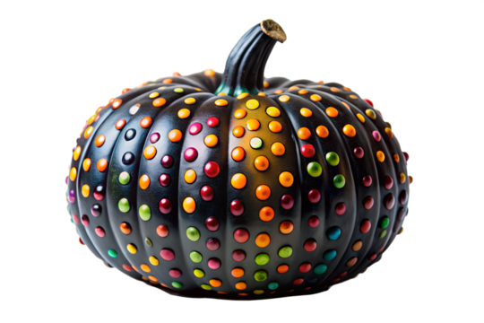 A uniquely decorated black pumpkin with vibrant, multicolored raised dots in a rainbow pattern, a modern artistic take on Halloween decor isolated on a white background