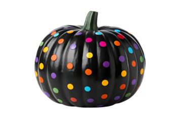 Festive black pumpkin adorned with vibrant colorful polka dots, perfect for autumn celebrations and Halloween decor