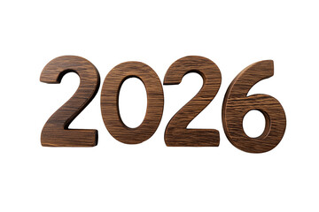 3D typography of the year 2026 with wood grain texture on transparent background
