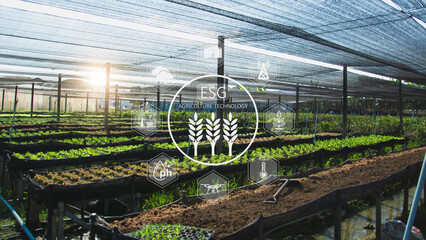 Modern organic farm integrating ESG agriculture technology with IoT sensors, AI analytic, and...