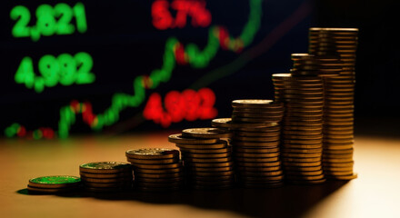Ascending Stacks of Gold Coins Against a Stock Market Chart Background Illustrating Financial Growth and Investment Success in a Business Context