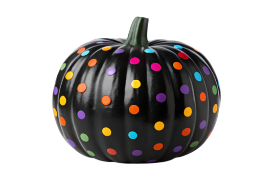 Festive black pumpkin adorned with vibrant colorful polka dots, perfect for autumn celebrations and Halloween decor
