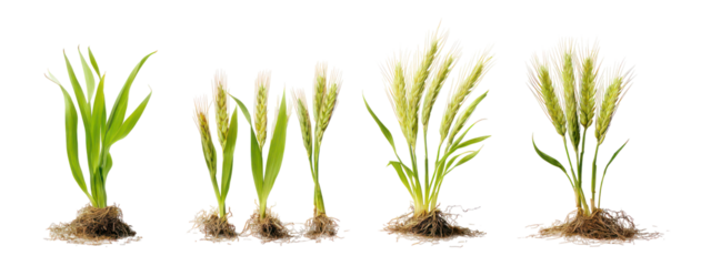 Five stalks of wheat plants with roots isolated on transparent background