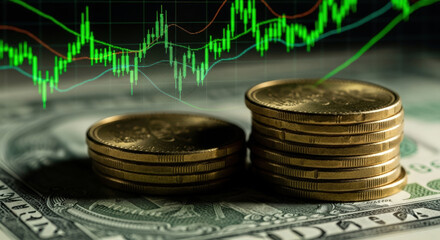 Close-Up of Gold Coins Stacked on a US Dollar Bill with a Blurry Stock Market Chart Background Representing Financial Investment and Economic Growth