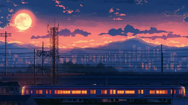 Anime train moving at sunset with full moon background