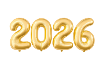 Four golden foil balloons forming the year 2026 on transparent background