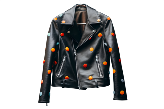 Stylish black leather jacket adorned with colorful circular embellishments, a fashionable statement piece for a modern wardrobe