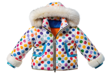 A vibrant and playful children's winter jacket, adorned with cheerful multicolored polka dots and a soft fur-lined hood, perfect for cozy cold weather adventures