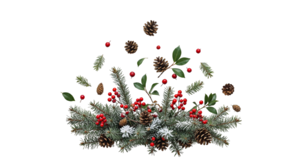 Festive christmas composition with fir branches, pine cones, red berries and green leaves isolated on transparent background creating a joyful and elegant holiday atmosphere for cards and designs