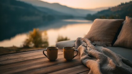 Cozy morning by the river with steaming mugs and a soft blanket
