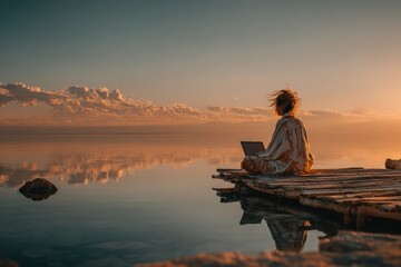 Nomad woman working on laptop by calm water during sunset