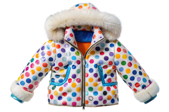 A vibrant and playful children's winter jacket, adorned with cheerful multicolored polka dots and a soft fur-lined hood, perfect for cozy cold weather adventures