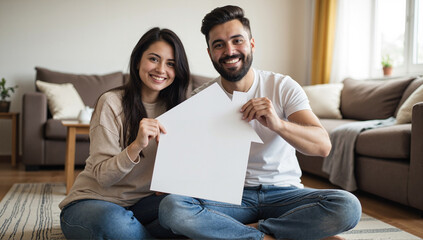 Young couple holding a white miniature house in living room