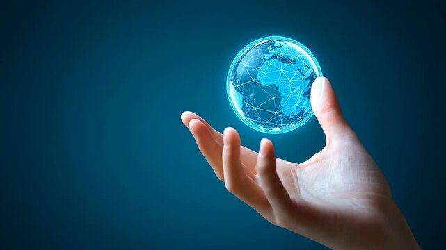 Hand with glowing globe. A hand gently holds a glowing globe that shows connections around the world, symbolizing global unity and technology.