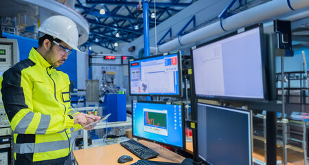 Engineer working at control room,Manager control system,Technician man monitoring program from a lot of monitor