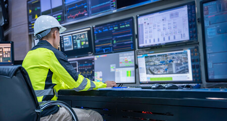 Engineer working at control room, Manager control system, Technician man monitoring program from a lot of monitor.Specialist observes analytics dashboard,operator inspects digital interface