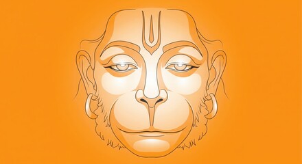 Minimal Hanuman Face Vector. Warm Orange Tones and Calm Divine Eyes.