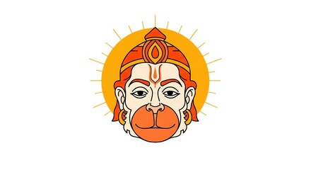 Radiant Hanuman Face Vector. Orange-Gold Aura with Divine Light.