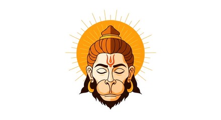 Radiant Hanuman Face Vector. Orange-Gold Aura with Divine Light.