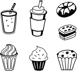 set of cakes,                                                drinks,ice-cream and sweets