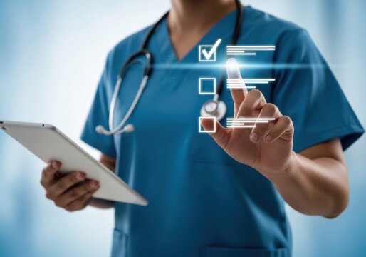 Healthcare professional using a tablet and interacting with a digital checklist