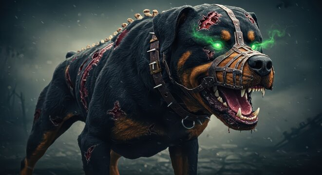 Ferocious undead canine companion displays glowing eyes and exposed wounds