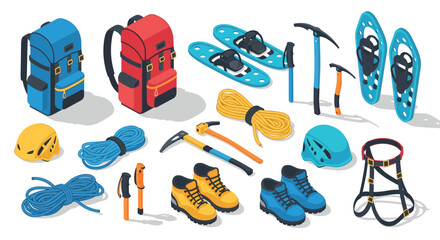 Isometric mountaineering gear set backpacks, climbing equipment, and winter accessories