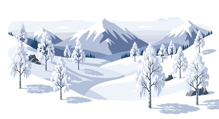 Serene winter landscape with snowy mountains and birch trees in flat design