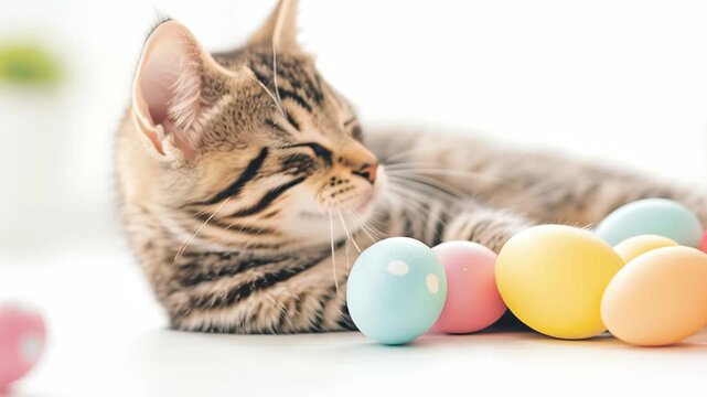 Easter Kitten's Delight: A serene kitten rests peacefully amidst a colorful array of pastel Easter eggs, embodying the essence of spring's renewal and playful charm. 