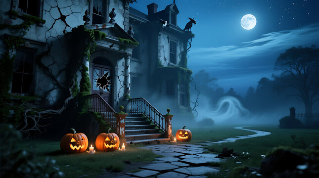 Spooky haunted mansion at night under a full moon with glowing jack o lanterns lining the stone pathway leading to the eerie entrance and misty graveyard beyond - Powered by Adobe