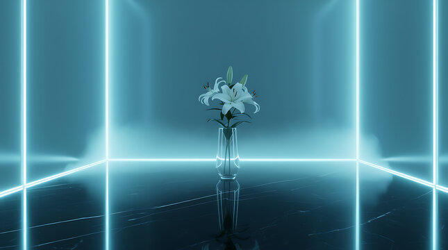 Futuristic humanoid robot standing in a glowing blue neon light cube reflecting on a dark mirrored floor representing artificial intelligence and advanced technology