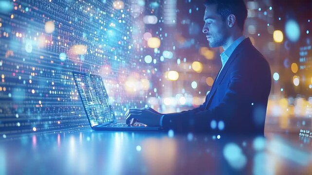 Digital Frontier: A focused professional immersed in a world of digital data, his gaze intent on the luminous screen of his laptop, embodying the cutting edge of modern technology and innovation.