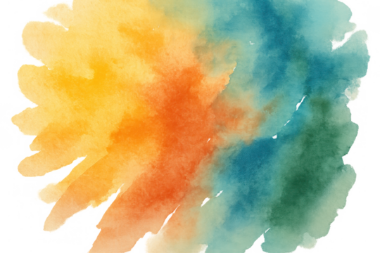 Abstract watercolor brush stroke creating a colorful background banner, blending yellow, orange, and blue green hues on transparent