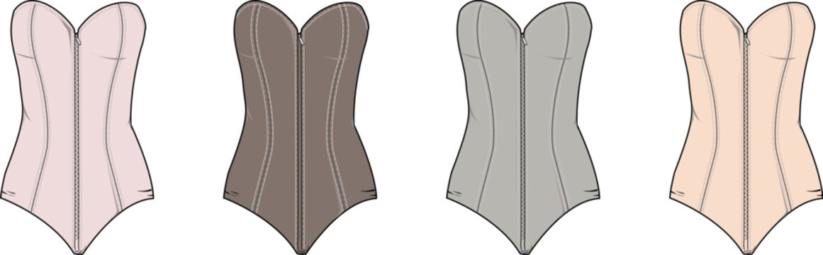 Four different colored seamless shapewear bodysuits with lace detailing displayed against a white background