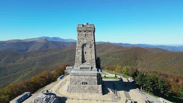 Aerial view of the Memorial Temple of the Liberty on Shipka Peak on a sunny autumn day