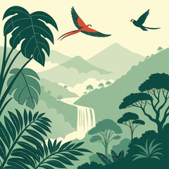 Dense jungle with hidden waterfall and exotic plants vector illustration