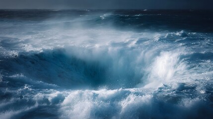 Obraz premium A powerful ocean vortex churns with immense energy creating a spectacular display of swirling water crashing waves and dramatic spray