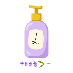 Lavender cosmetic lotion bottle with pump. Self-care and skincare beauty product. Vector illustration for label, tag, packing.