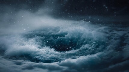 A powerful dark water vortex swirls dramatically with spray and foam under a stormy twilight sky with falling particles