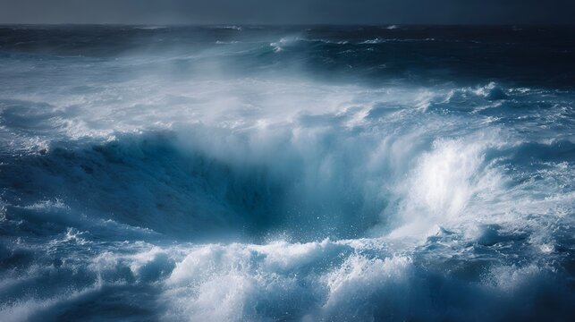 A powerful ocean vortex churns with immense energy creating a spectacular display of swirling water crashing waves and dramatic spray