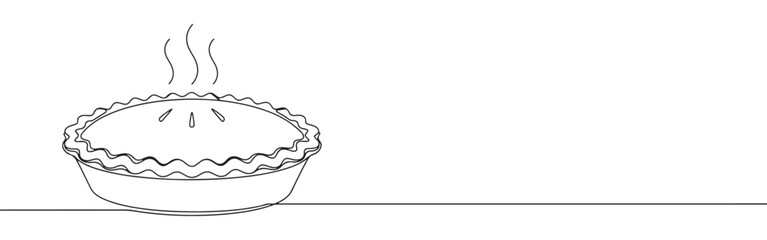 Continuous line drawing of a steaming hot pie, representing baking, comfort food, and homemade desserts, isolated on a white background.