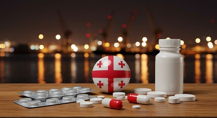 Georgia flag sphere with medical pills and bottle symbolizing healthcare and pharmaceutical industry against a blurry night harbor backdrop
