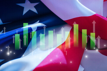 Financial growth indicators overlayed on an American flag symbolize economic progress and stability in the United States