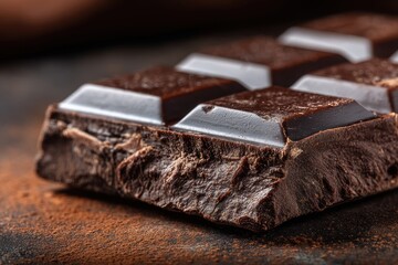 Close-up of a dark chocolate bar with rough textured details