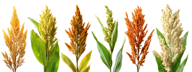 Collection of sorghum seed heads in various colors isolated on transparent background