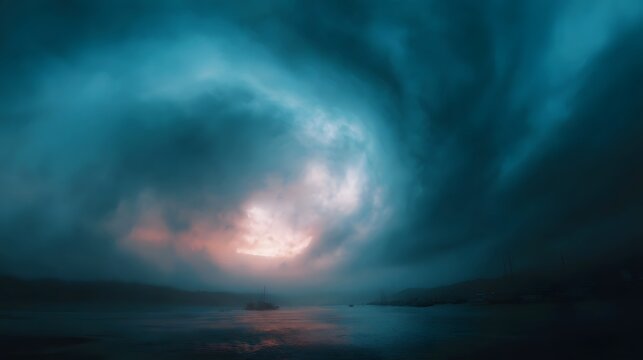 Swirling dramatic storm clouds at dawn with ethereal light breaking through over a misty water landscape with boats - Powered by Adobe
