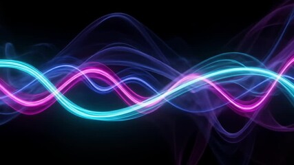 Abstract visualization of sound waves with vibrant neon pink and cyan light trails against a dark background. - Powered by Adobe