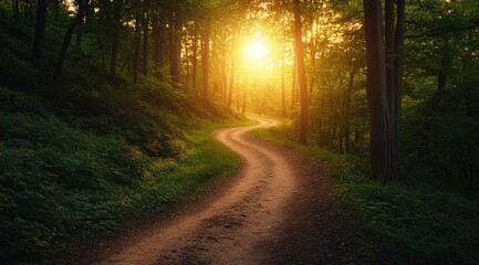 Obraz premium Sunlit forest path curves through trees (1)